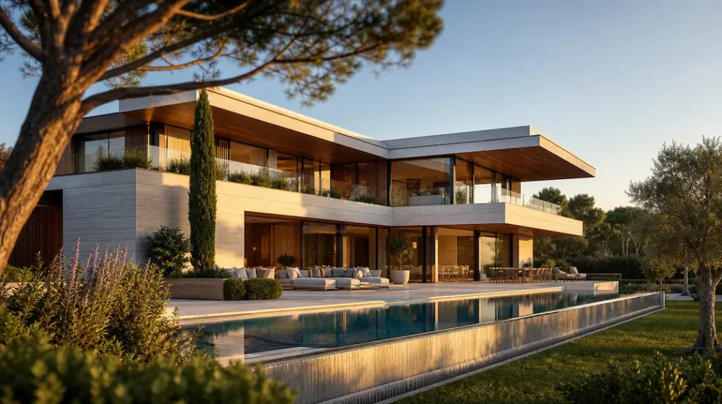 Villa de lujo con piscina infinity y jardín mediterráneo, ilustrativa del estilo arquitectónico de las urbanizaciones prime del oeste de Madrid