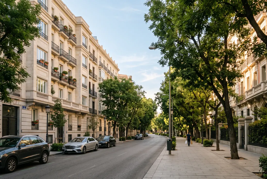 Calle residencial arbolada del barrio de Nueva España, en el distrito de Chamartín, con edificios señoriales de vivienda prime en Madrid