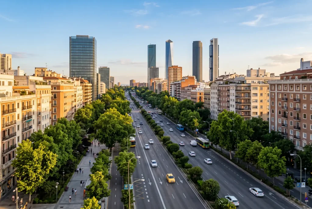 Vista del Paseo de la Castellana a su paso por el distrito de Chamartín en Madrid, con las Cuatro Torres al fondo y la zona prime del norte de la ciudad
