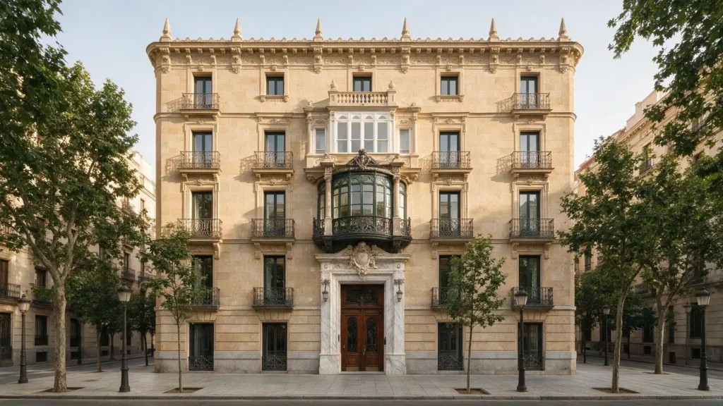 Fachada señorial de un edificio clásico en el barrio de Salamanca, la zona prime de vivienda de lujo de Madrid