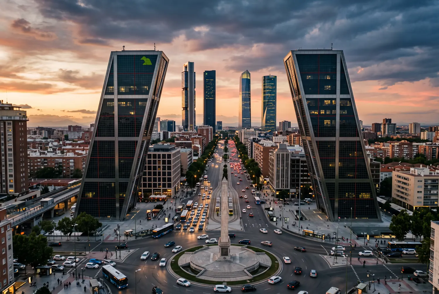 Torres inclinadas de la Puerta de Europa y skyline de las Cuatro Torres en Plaza de Castilla, epicentro de Madrid Nuevo Norte en el distrito de Chamartín